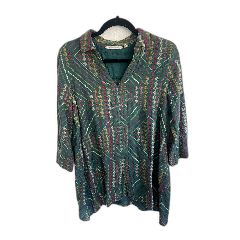 Soft Surroundings Tunic Blouse Green Embroidered V Neck Lagenlook Womens Top M